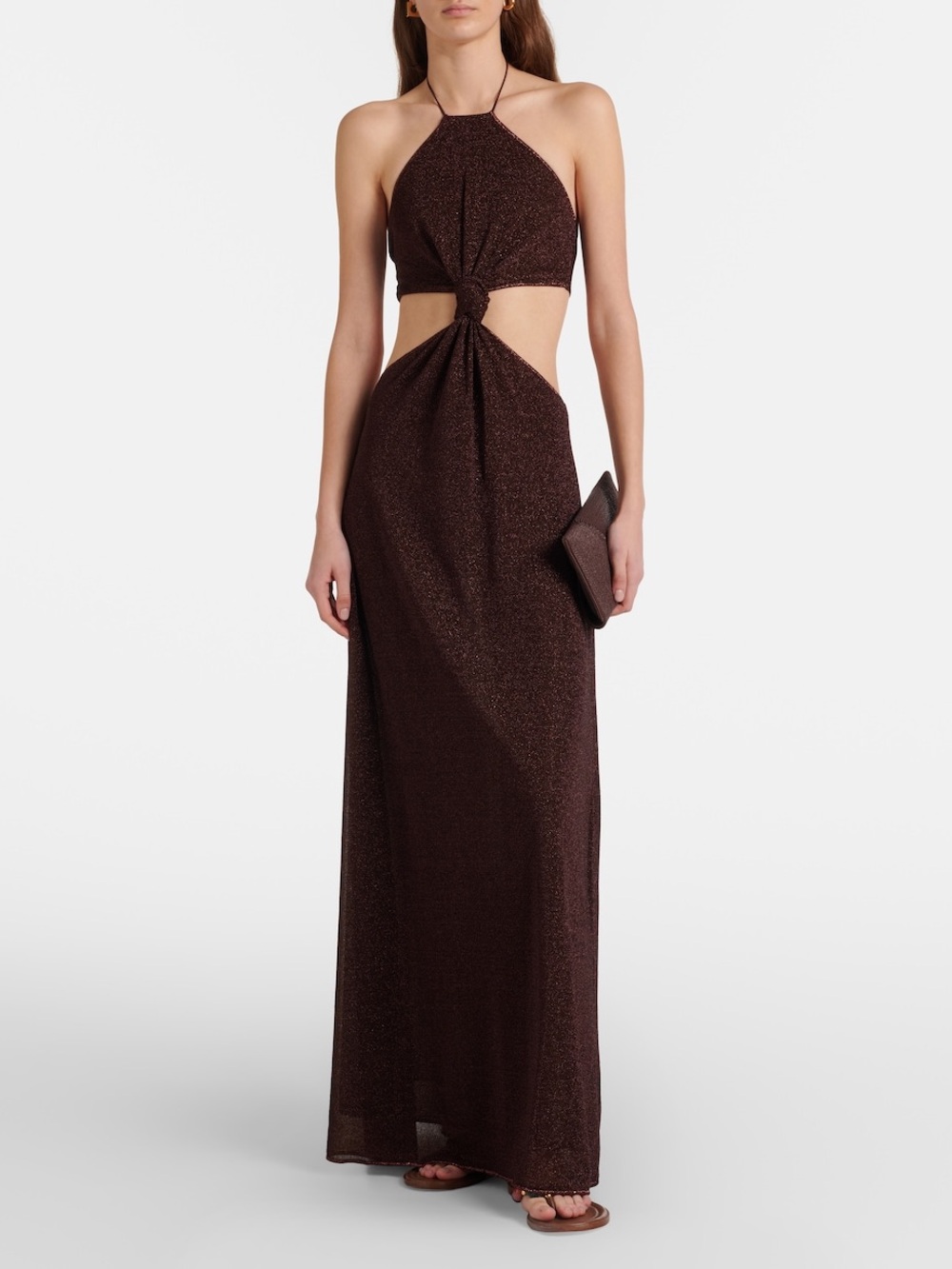 Oseree lumiere cutout halterneck maxi dress in chocolate brown
